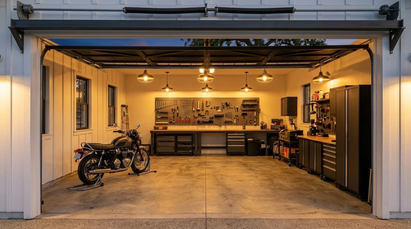 Barrett Garage Door Repairs Interior View of Custom Garage Door Overhead and Workshop